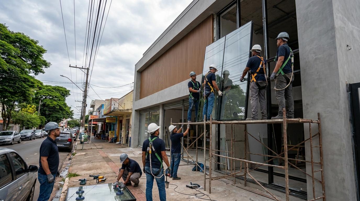 Fachada de vidro com andaime lateral em Fortaleza-CE