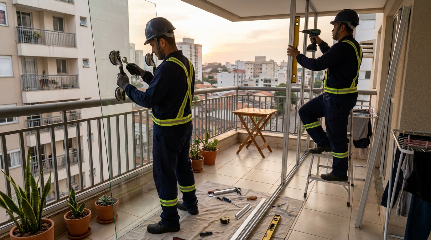 Instalação de parede de vidro em sacada em Fortaleza-CE